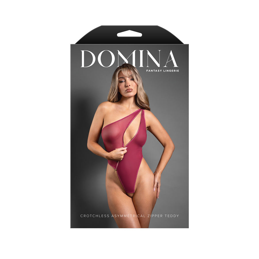 DOMINA Crotchless Asymmetrical Zipper Teddy - S/M - Berry - S/M Size