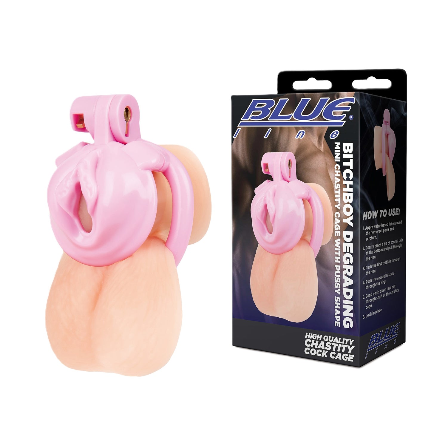 Blue Line Bitchboy Degrading Mini Chastity Cage with Pussy Shape