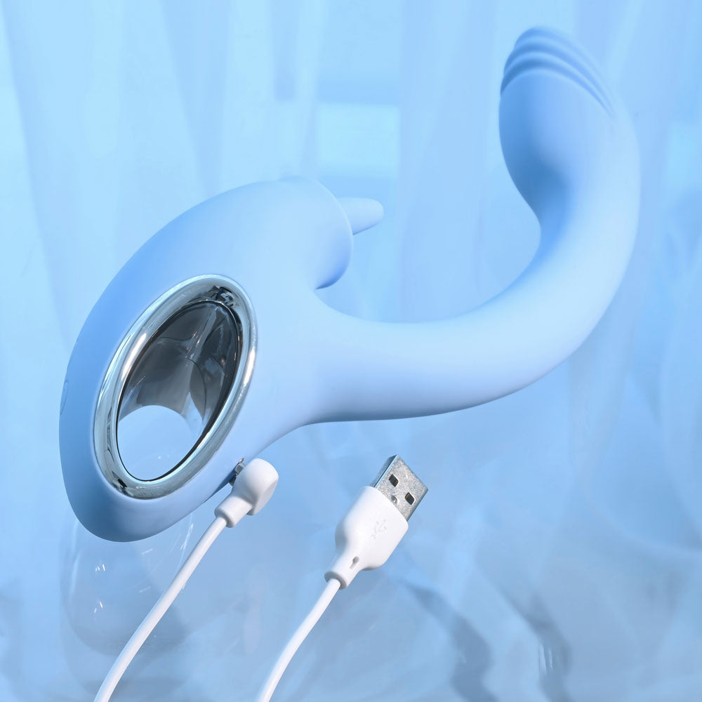 Playboy Pleasure SAPPHIRE SKY - 21.6 cm USB Rechargeable Vibrator with Double Tongue Stimulator