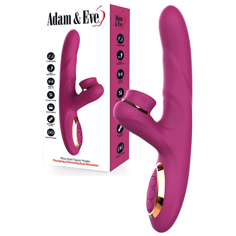 Adam & Eve ROSE GOLD TAPPIN RABBIT - 22.5 cm USB Rechargeable Tapping & Thrusting Rabbit Vibrator Purple