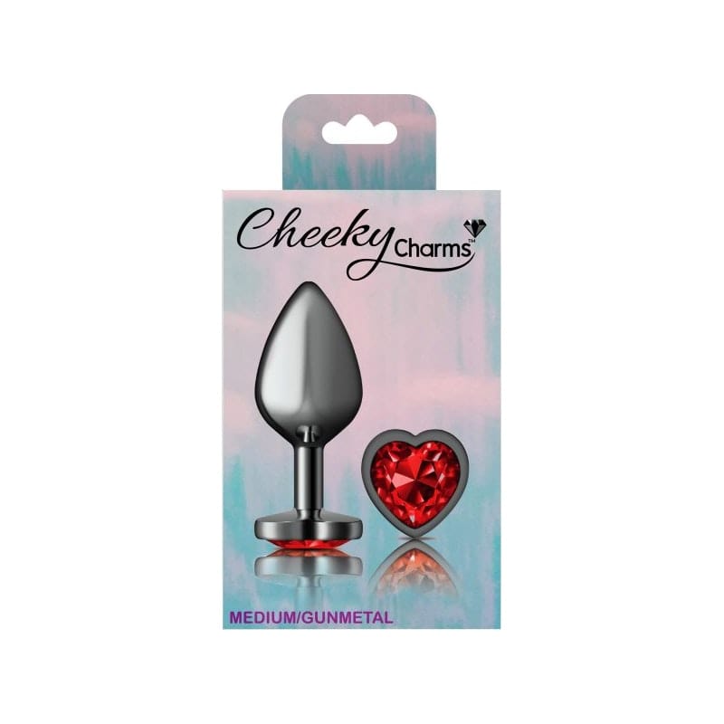 Cheeky Charms Gunmetal Butt Plug w Heart Red Jewel Medium Vibrant Vibes Australia - Quality Sex Toys - Great Prices