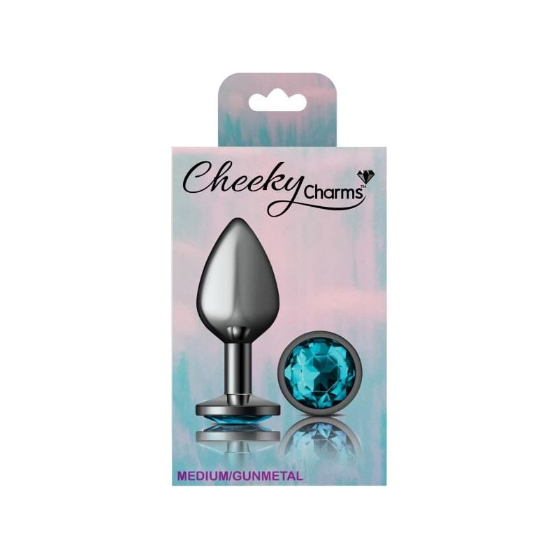 Cheeky Charms Gunmetal Round Butt Plug w Teal Jewel Medium Vibrant Vibes Australia - Quality Sex Toys - Great Prices
