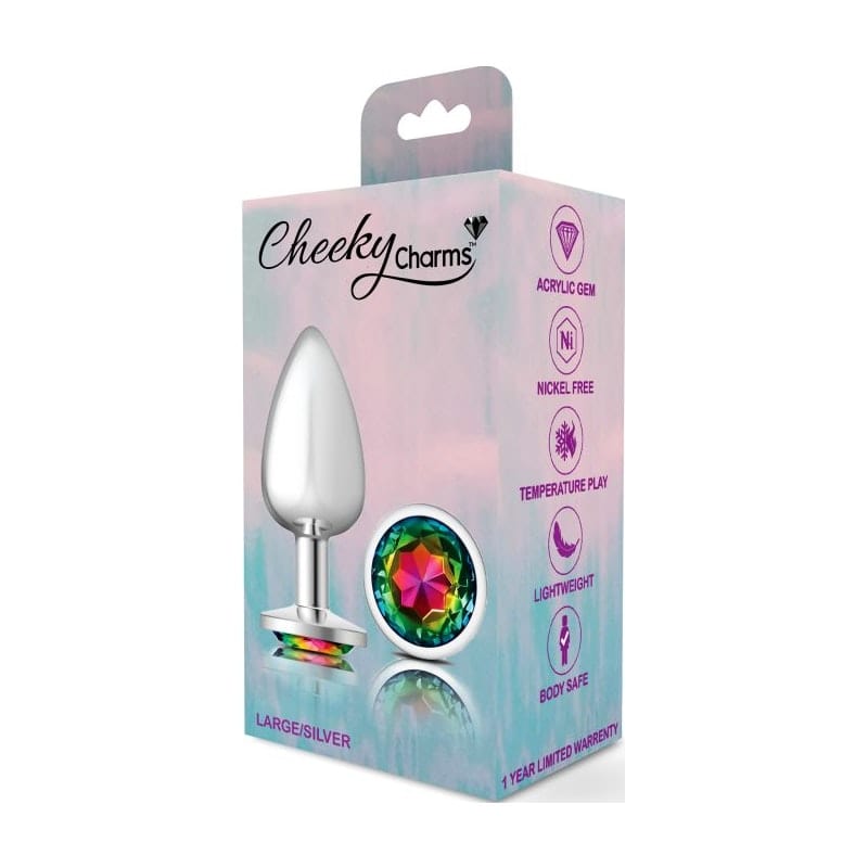 Cheeky Charms Silver Round Butt Plug w Rainbow Jewel Large Vibrant Vibes Australia - Quality Sex Toys - Great Prices