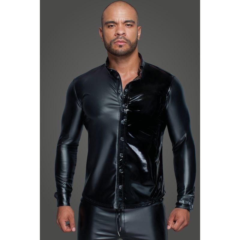 Powerwetlook PVC Long Sleeved Shirt w Button Placket Black Large