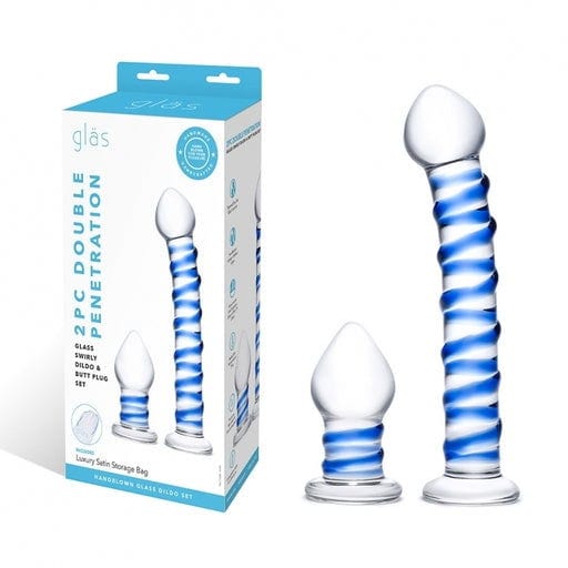 2Pc Double Penetration Glass Swirly Dildo & Buttplug Set Vibrant Vibes Australia - Quality Sex Toys - Great Prices