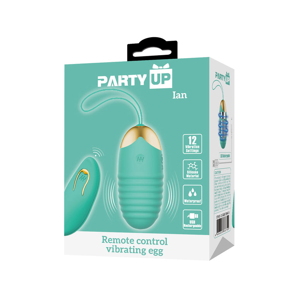 Party Up IAN Remote Egg - Teal - Teal USB Rechargeable Vibrating Egg with Wireless Remote