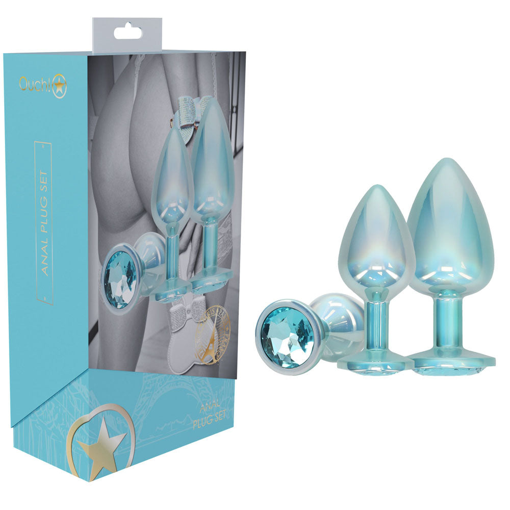 OUCH! Paris Collection - Metal Anal Plug Set -  - Metallic  Butt Plugs with Gem Bases - Set of 3 Sizes
