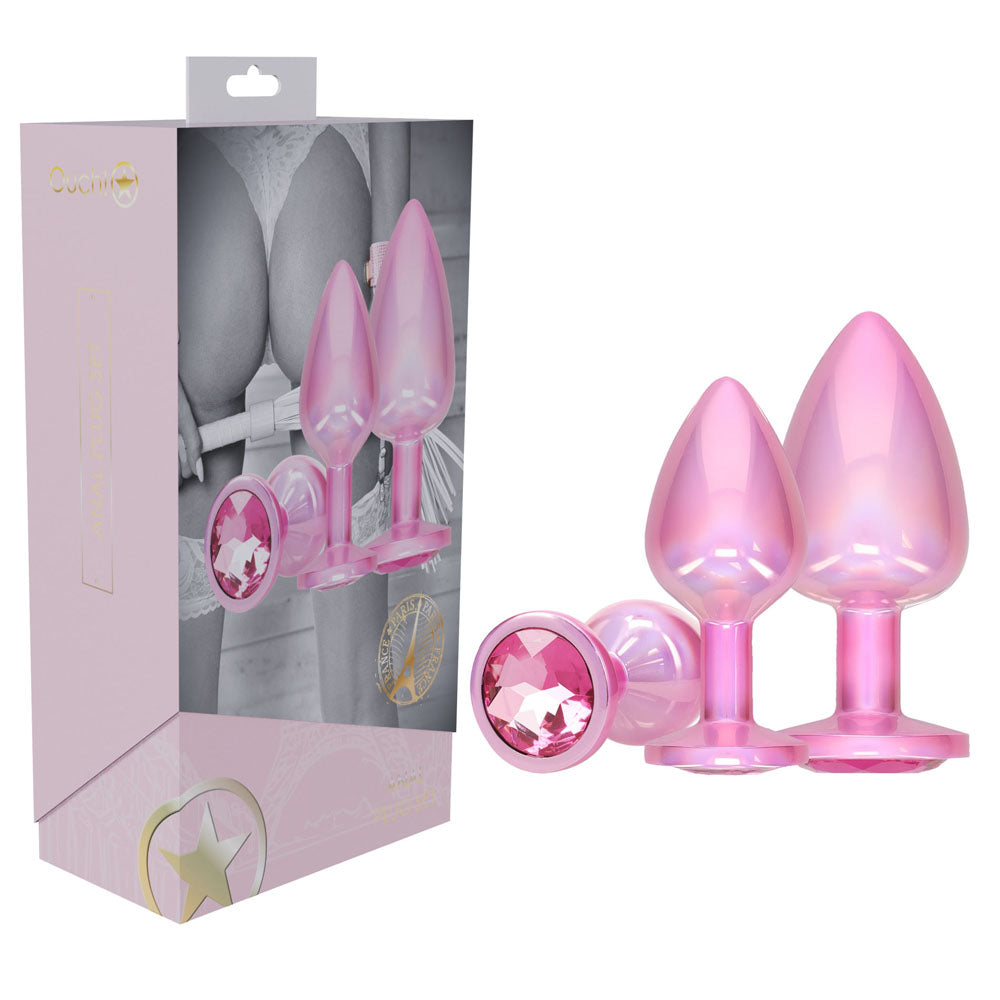 OUCH! Paris Collection - Metal Anal Plug Set -  - Metallic  Butt Plugs with Gem Bases - Set of 3 Sizes
