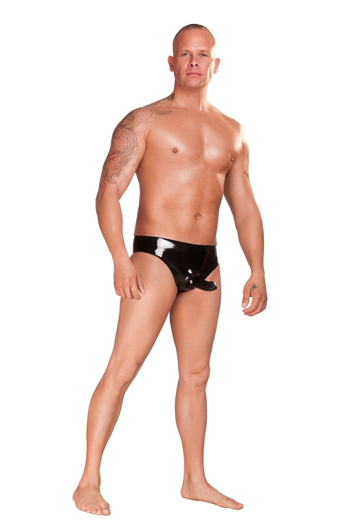 Saxenfelt Latex Mens Brief with Sleeve and Anal Plug - Black Small