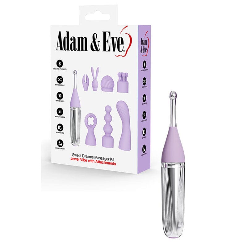 Adam & Eve SWEET DREAMS MASSAGER KIT - Lavender USB Rechargeable Point Stimulator with 8 Interchangeable Tips Purple
