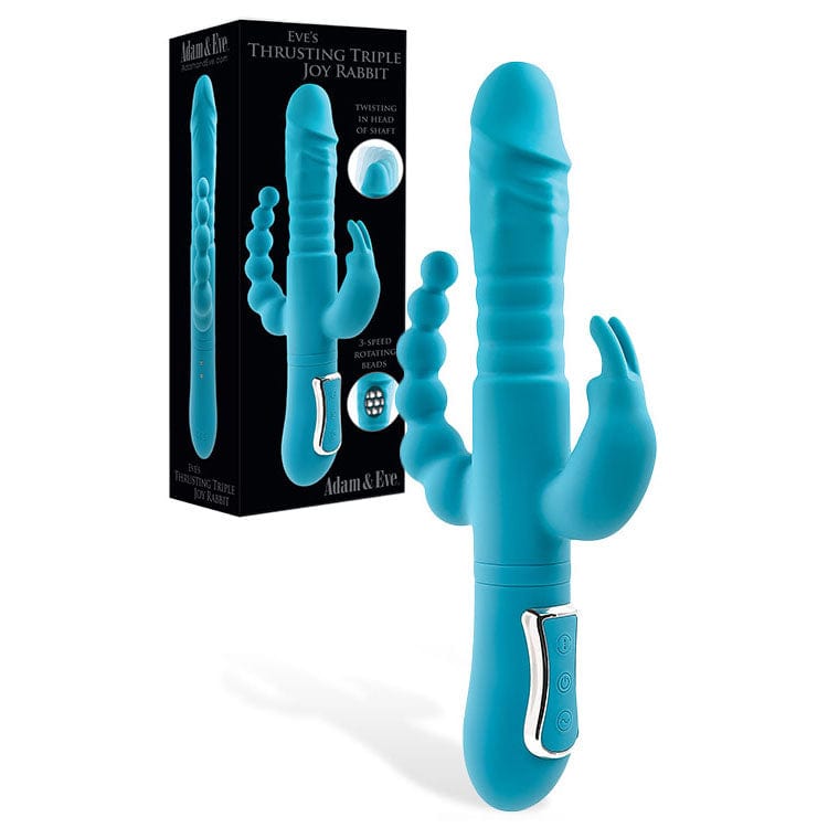 Adam & Eve THRUSTING TRIPLE JOY RABBIT - Teal 25.4 cm USB Rechargeable Rabbit Vibrator with Anal Probe Teal