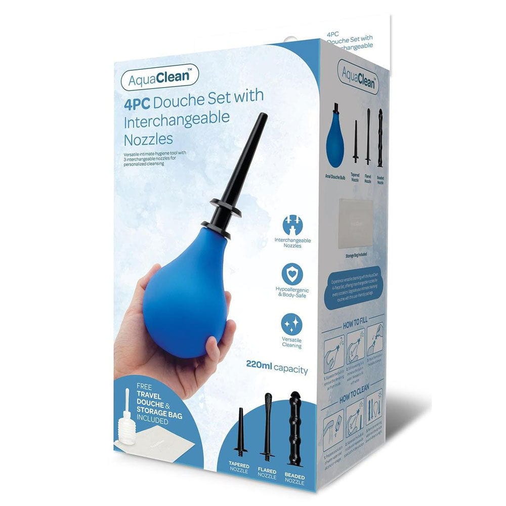 AquaClean 4 Piece Douche Set with Interchangeable Nozzles - 220 ml Capacity with Free Travel Douche Included Blue