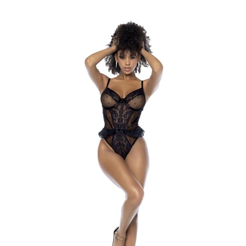 Black Bodysuit w/ Lace Ruffles Black Large Extra Large
