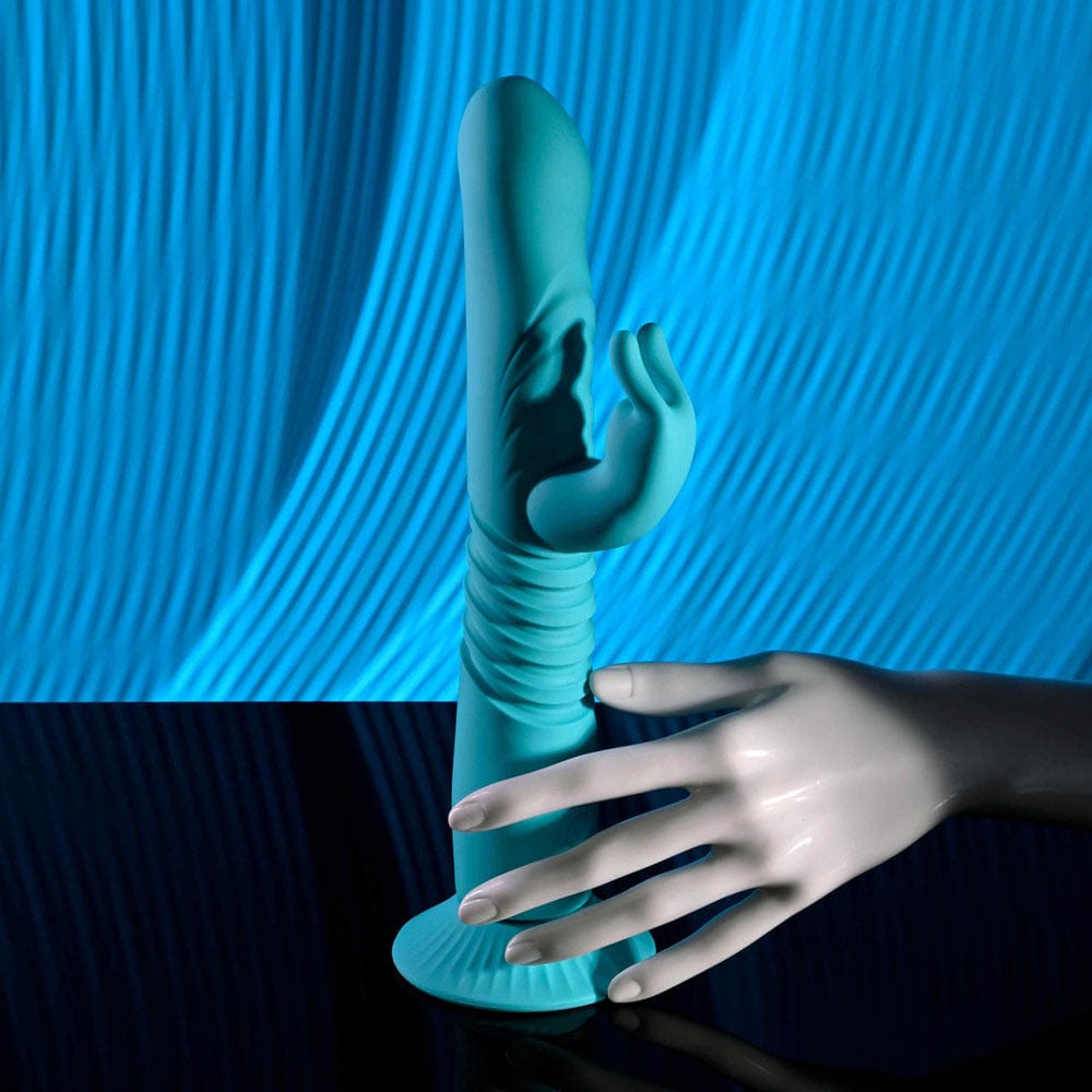 Evolved BUNNY HOP - Teal 25.1 cm USB Rechargeable Thrusting Rabbit Vibrator with Suction Base