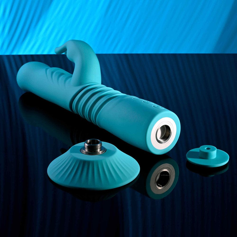 Evolved BUNNY HOP - Teal 25.1 cm USB Rechargeable Thrusting Rabbit Vibrator with Suction Base