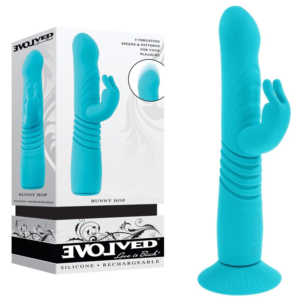 Evolved BUNNY HOP - Teal 25.1 cm USB Rechargeable Thrusting Rabbit Vibrator with Suction Base Teal