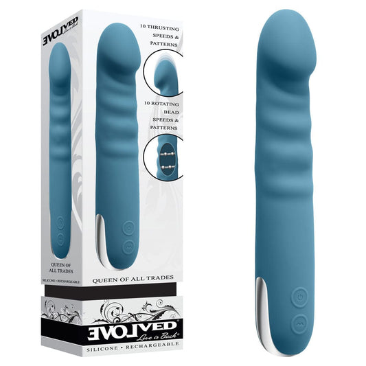 Evolved QUEEN OF ALL TRADES - 22.6 cm USB Rechargeable Thrusting & Rotating Vibrator Blue