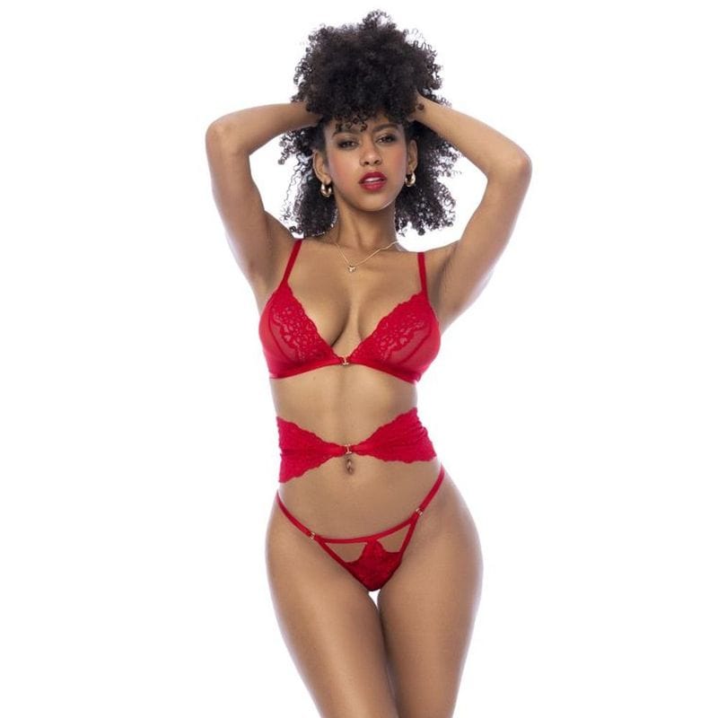 Red 3 Pc Set with Bra, Panties and Flexible Corset Red Large Extra Large